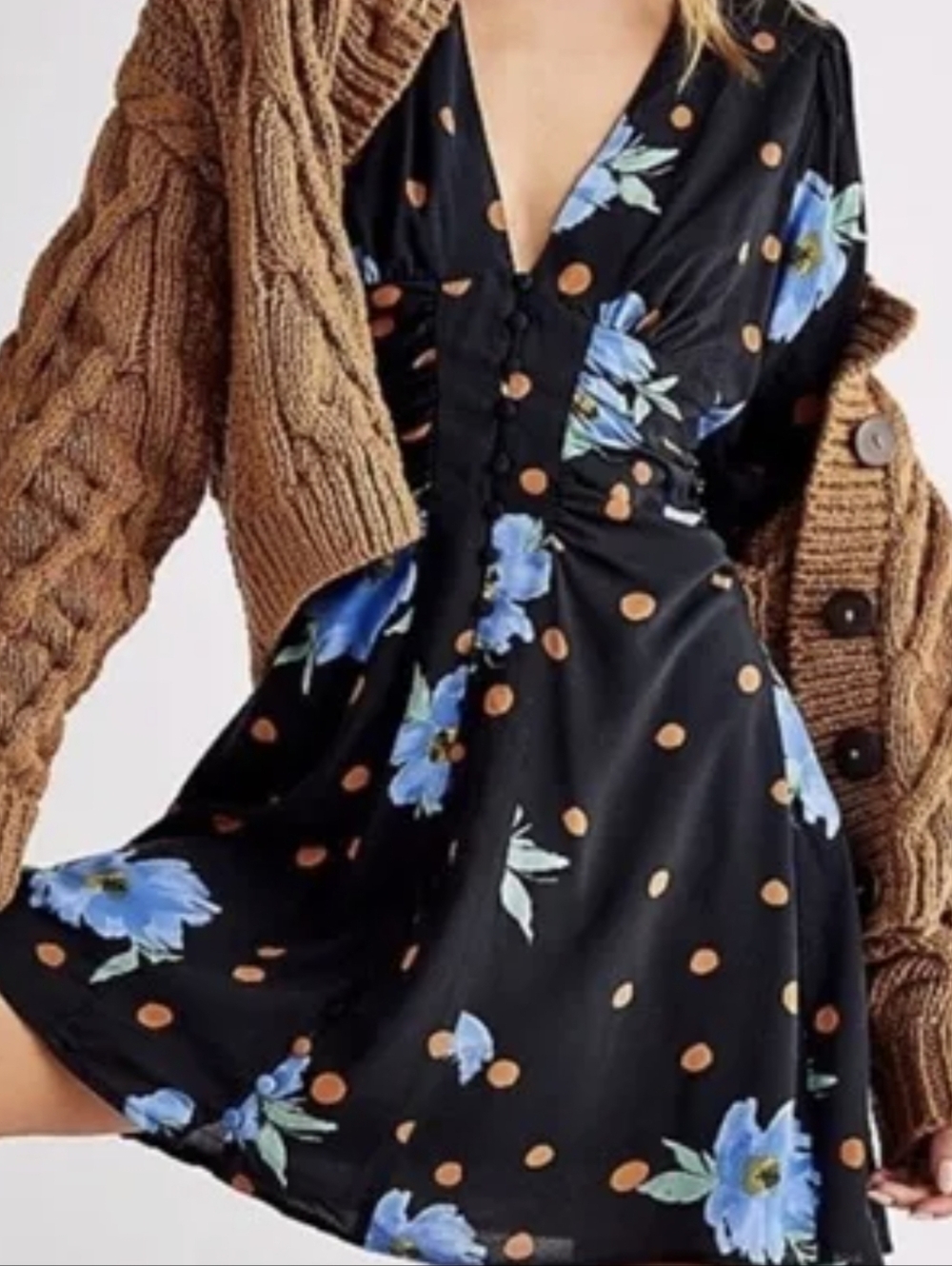 Free PeopBrown Floral Button-Front Dress with Blue Flowers and Orange Polka Dots